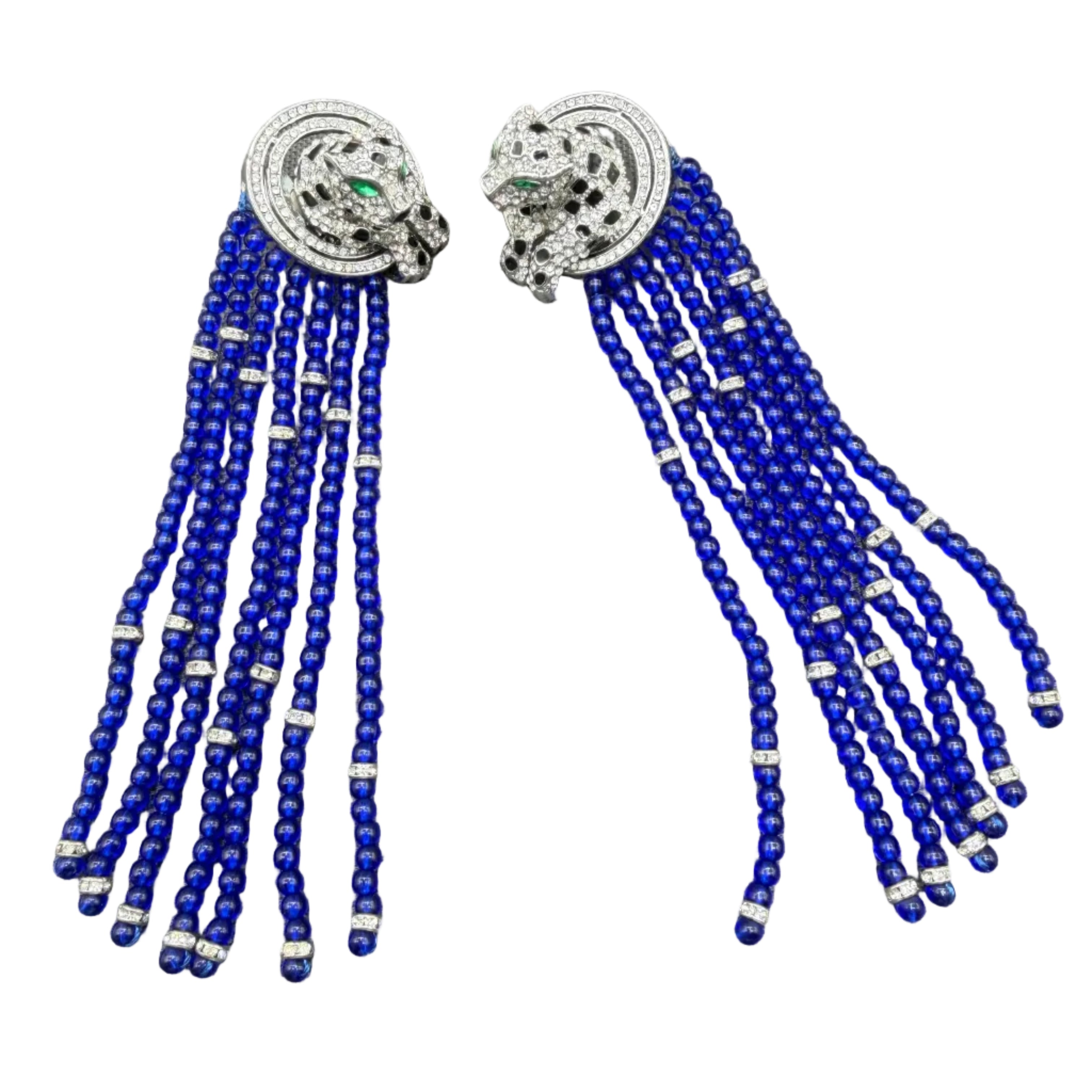 Catwalk Jon Statement Silver-Tone 3D Pavé Swarovski Crystal Cheetah Earrings with Cobalt Blue Glass Tassels