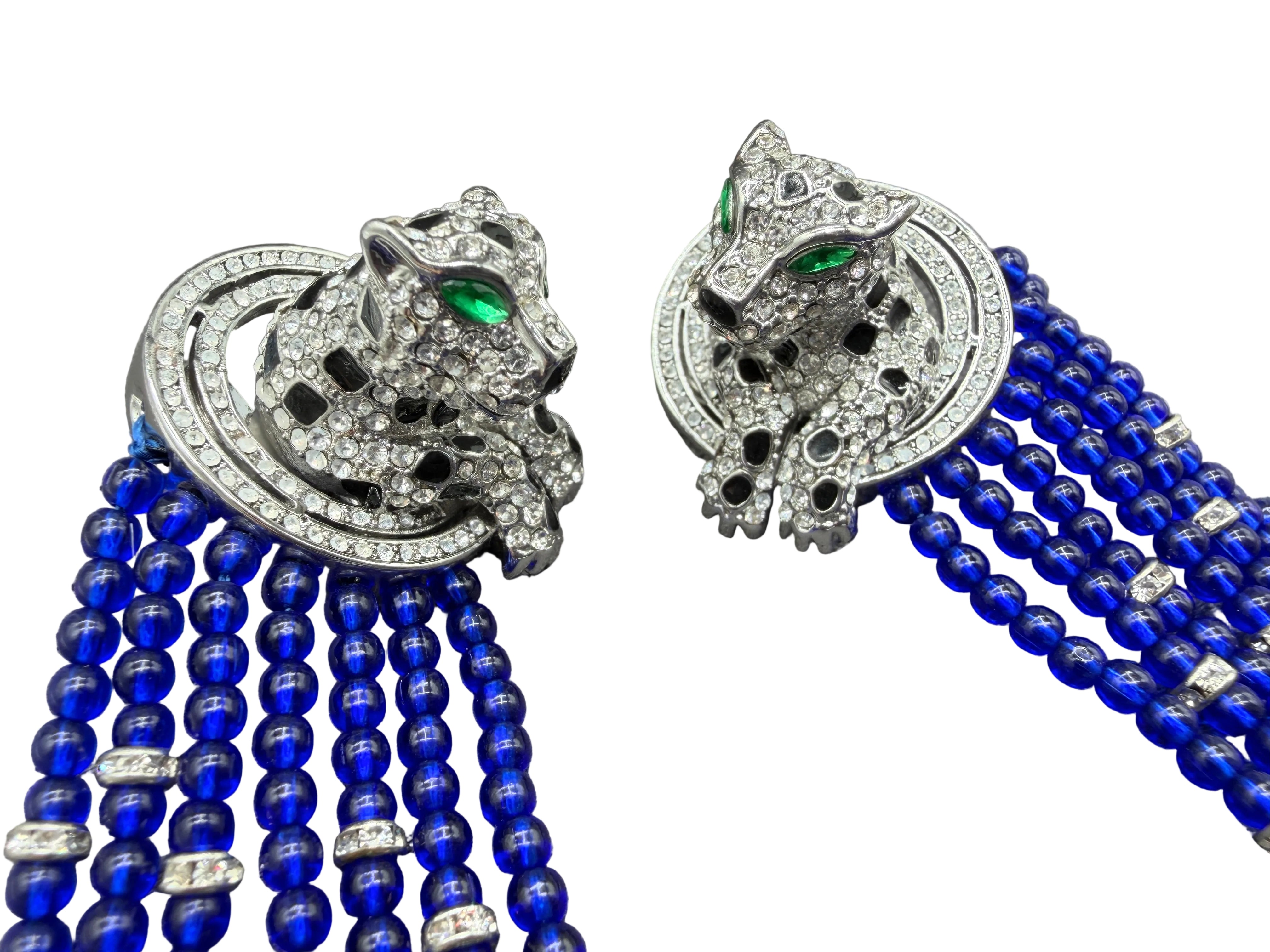 Catwalk Jon Statement Silver-Tone 3D Pavé Swarovski Crystal Cheetah Earrings with Cobalt Blue Glass Tassels