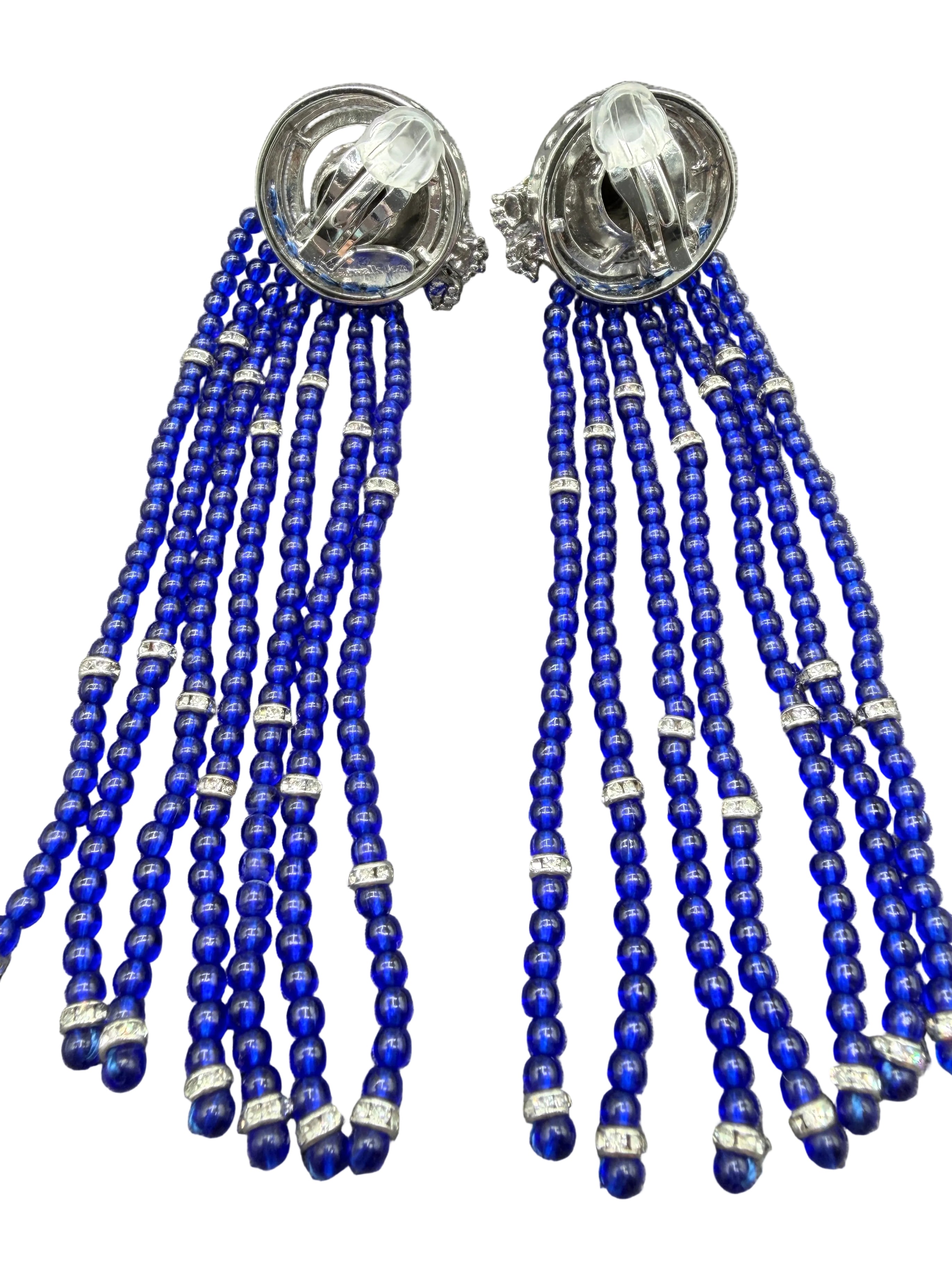 Catwalk Jon Statement Silver-Tone 3D Pavé Swarovski Crystal Cheetah Earrings with Cobalt Blue Glass Tassels