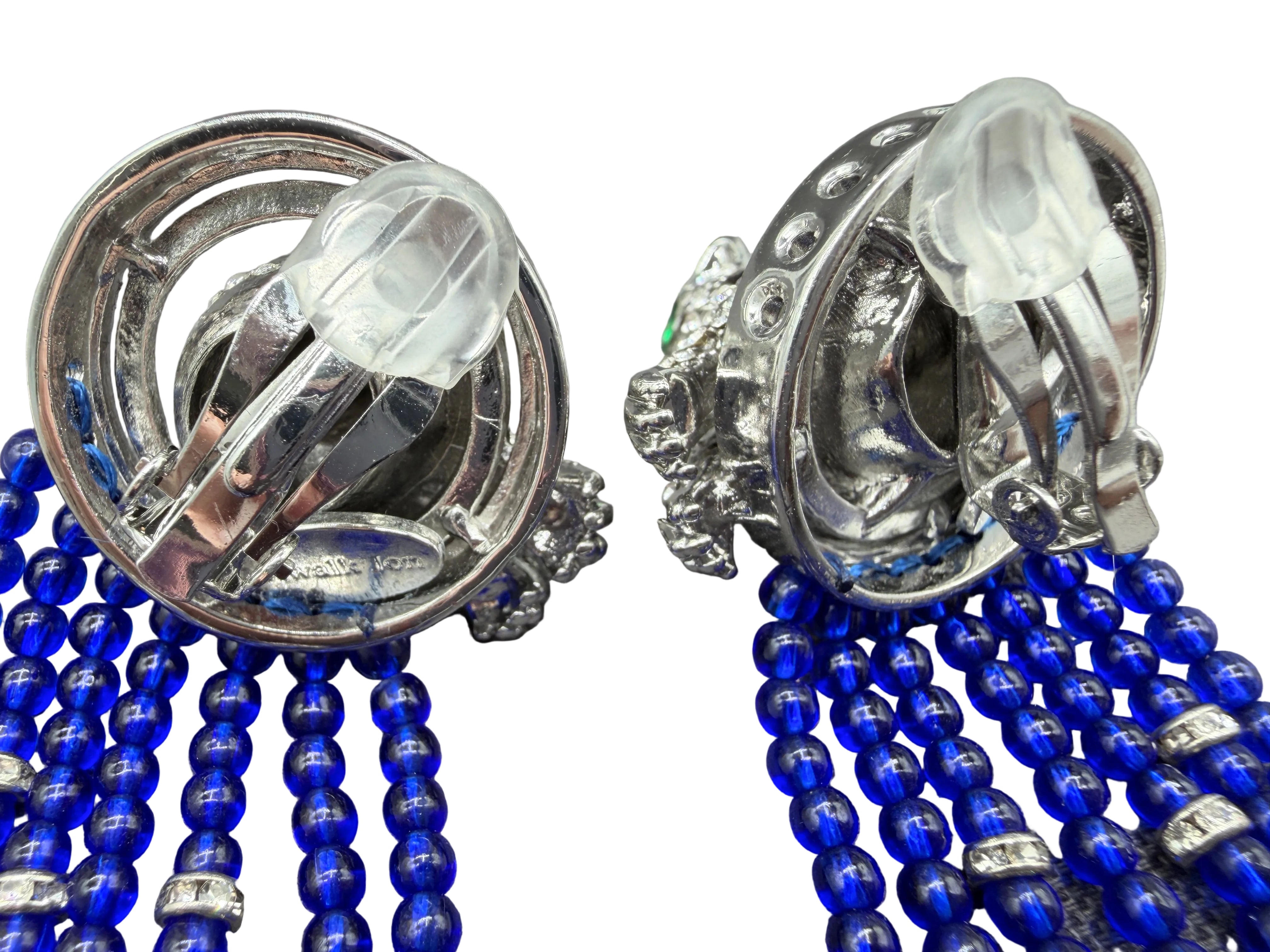 Catwalk Jon Statement Silver-Tone 3D Pavé Swarovski Crystal Cheetah Earrings with Cobalt Blue Glass Tassels