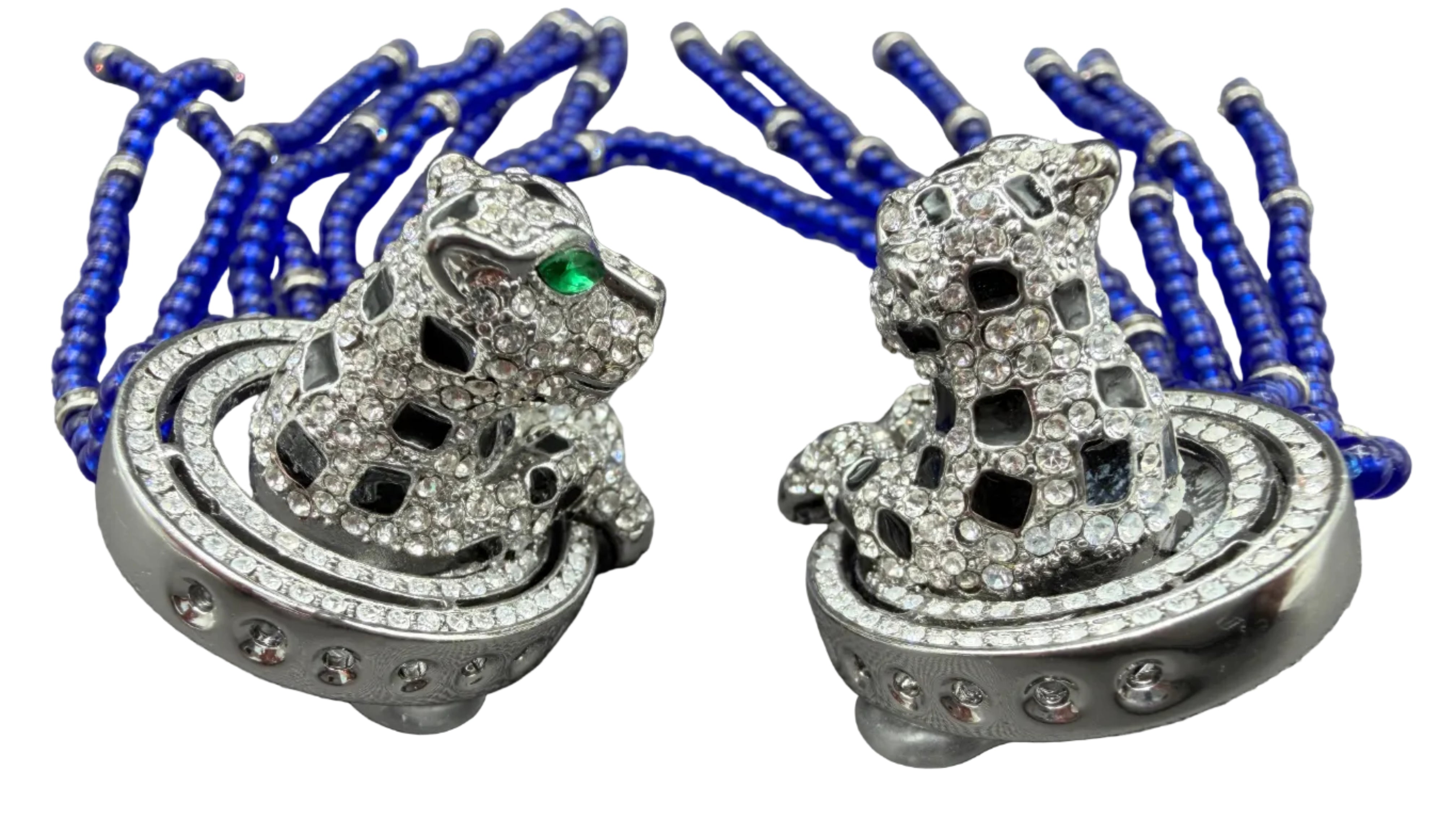 Catwalk Jon Statement Silver-Tone 3D Pavé Swarovski Crystal Cheetah Earrings with Cobalt Blue Glass Tassels