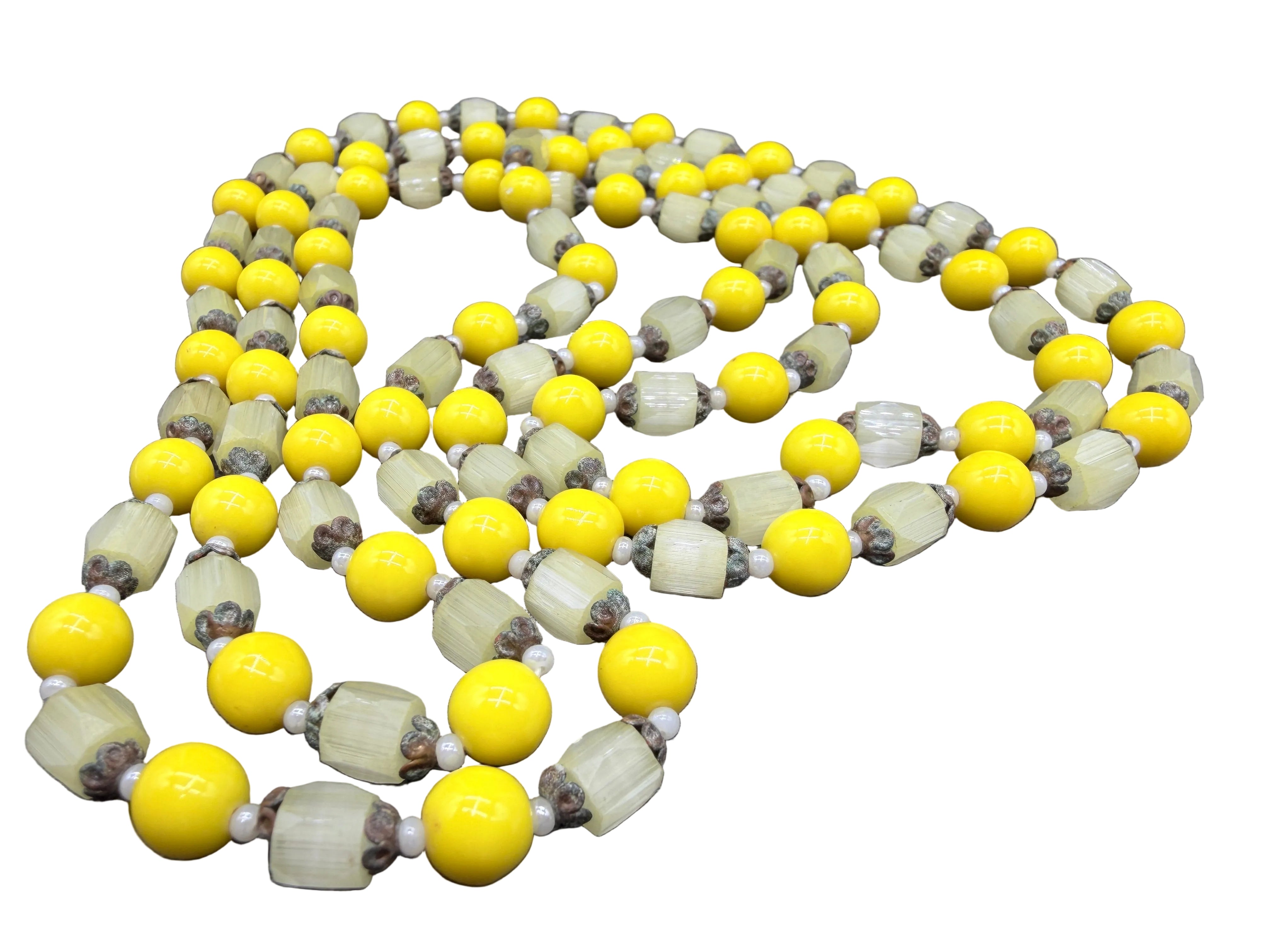1940s Czech Yellow Glass Beaded Matinee-Length Necklace