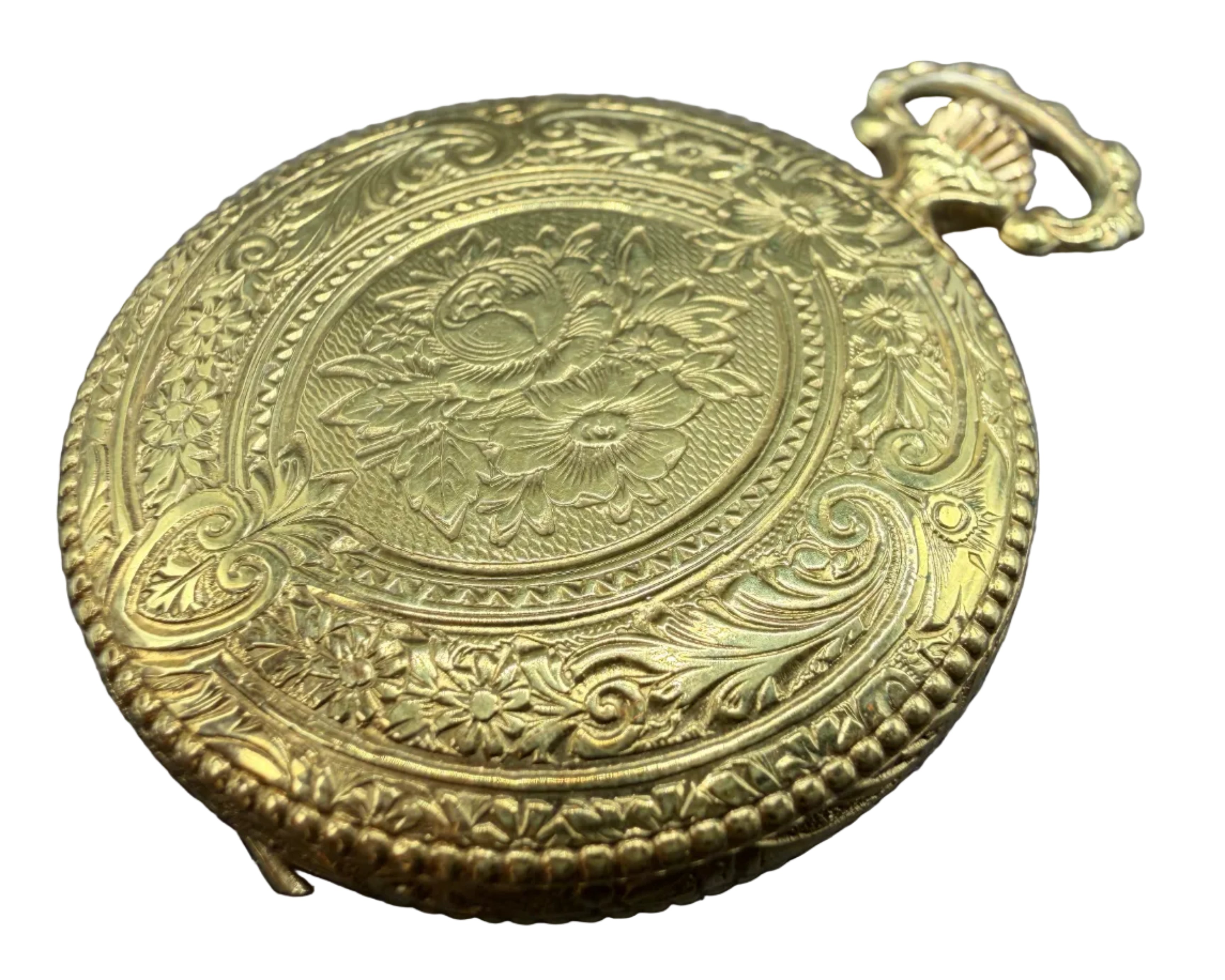 1950s CIRO Gold-Tone Etched Pocket Watch Charm (Working)