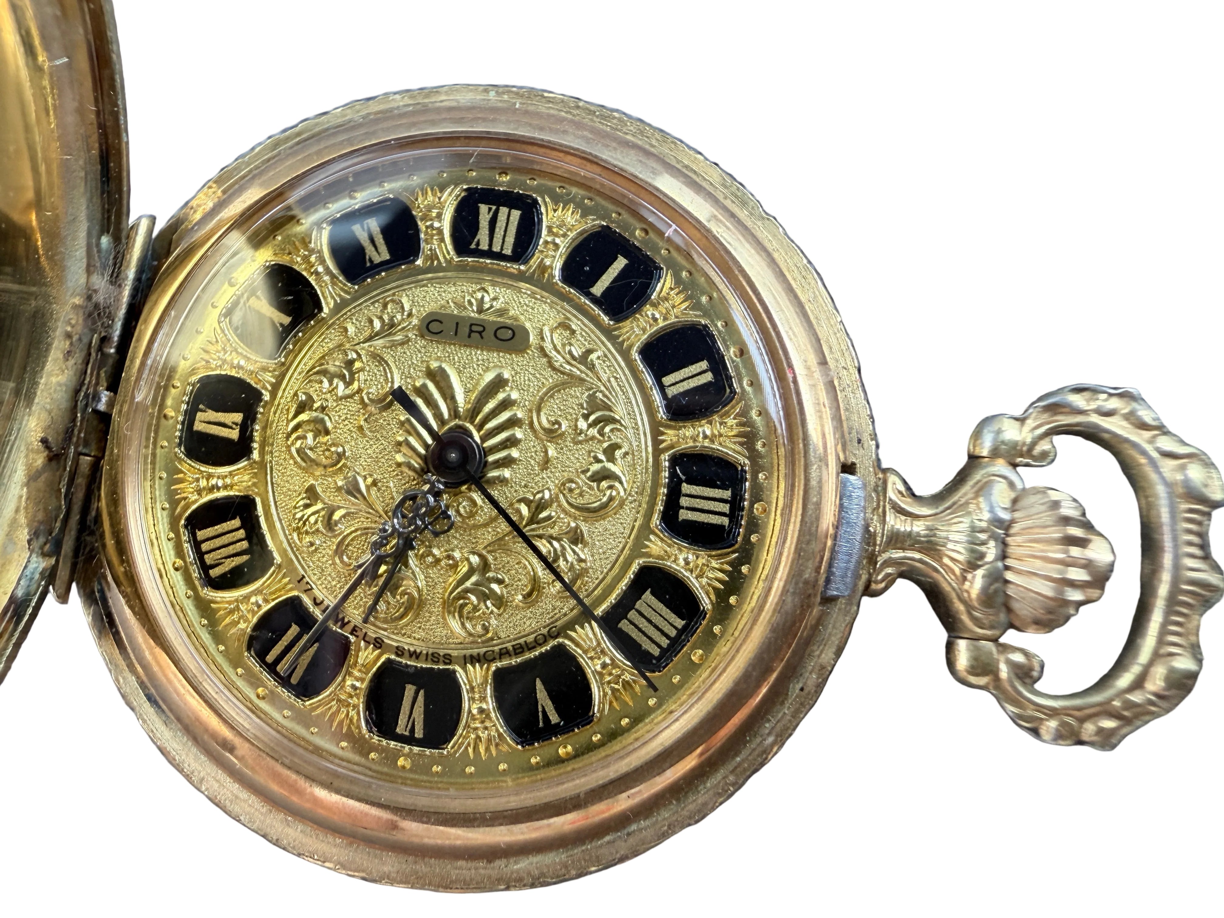 1950s CIRO Gold-Tone Etched Pocket Watch Charm (Working)