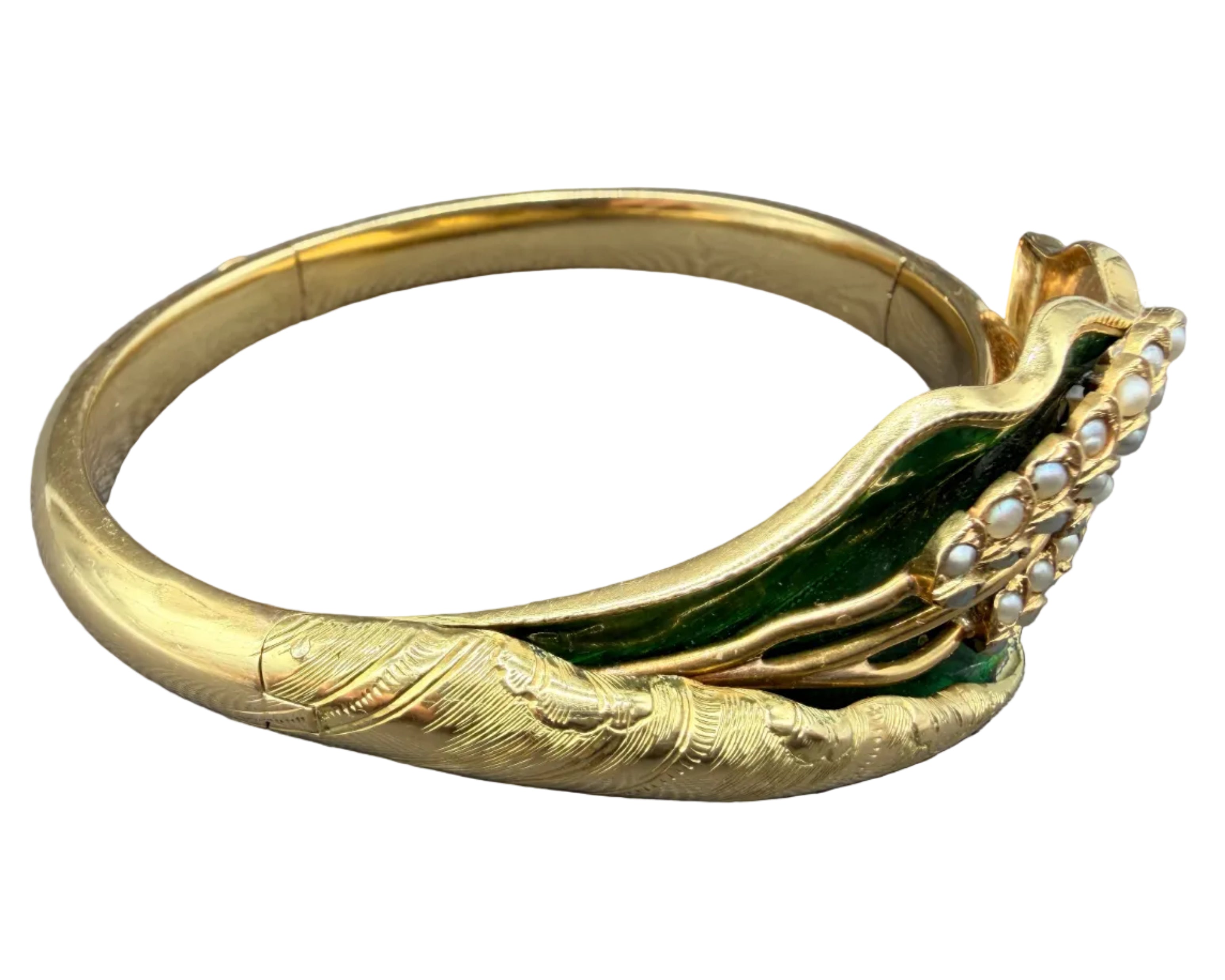 Victorian 14K Gold Hinged Bracelet with Green Guilloché Enamel Leaf, Seed Pearls & Wheat Motif