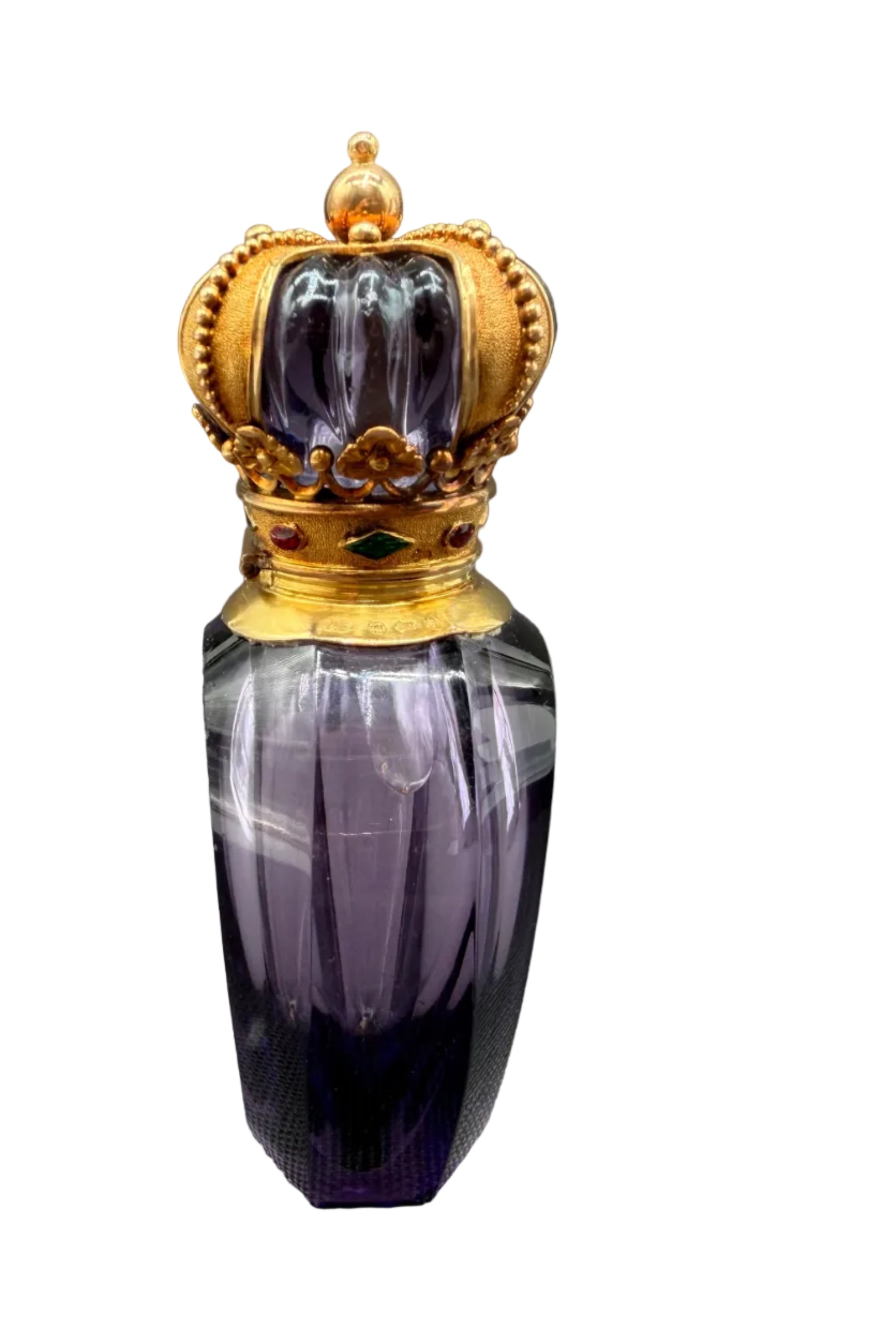 Rare c.1890–1925 Continental 14K Gold-Mounted Faceted Amethyst Glass & Cut Crystal Scent Bottle with Guilloché detail Crown Stopper