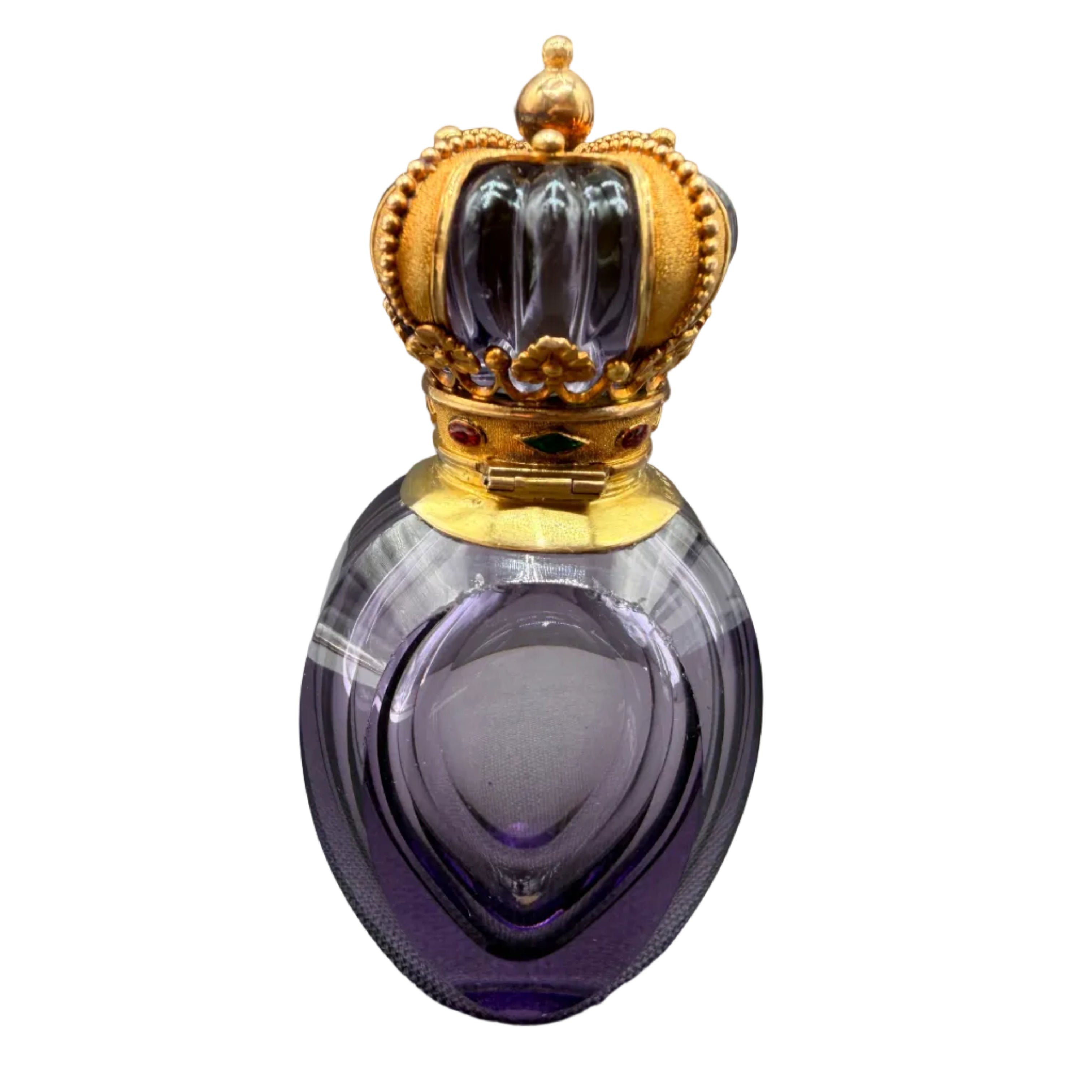 Rare c.1890–1925 Continental 14K Gold-Mounted Faceted Amethyst Glass & Cut Crystal Scent Bottle with Guilloché detail Crown Stopper