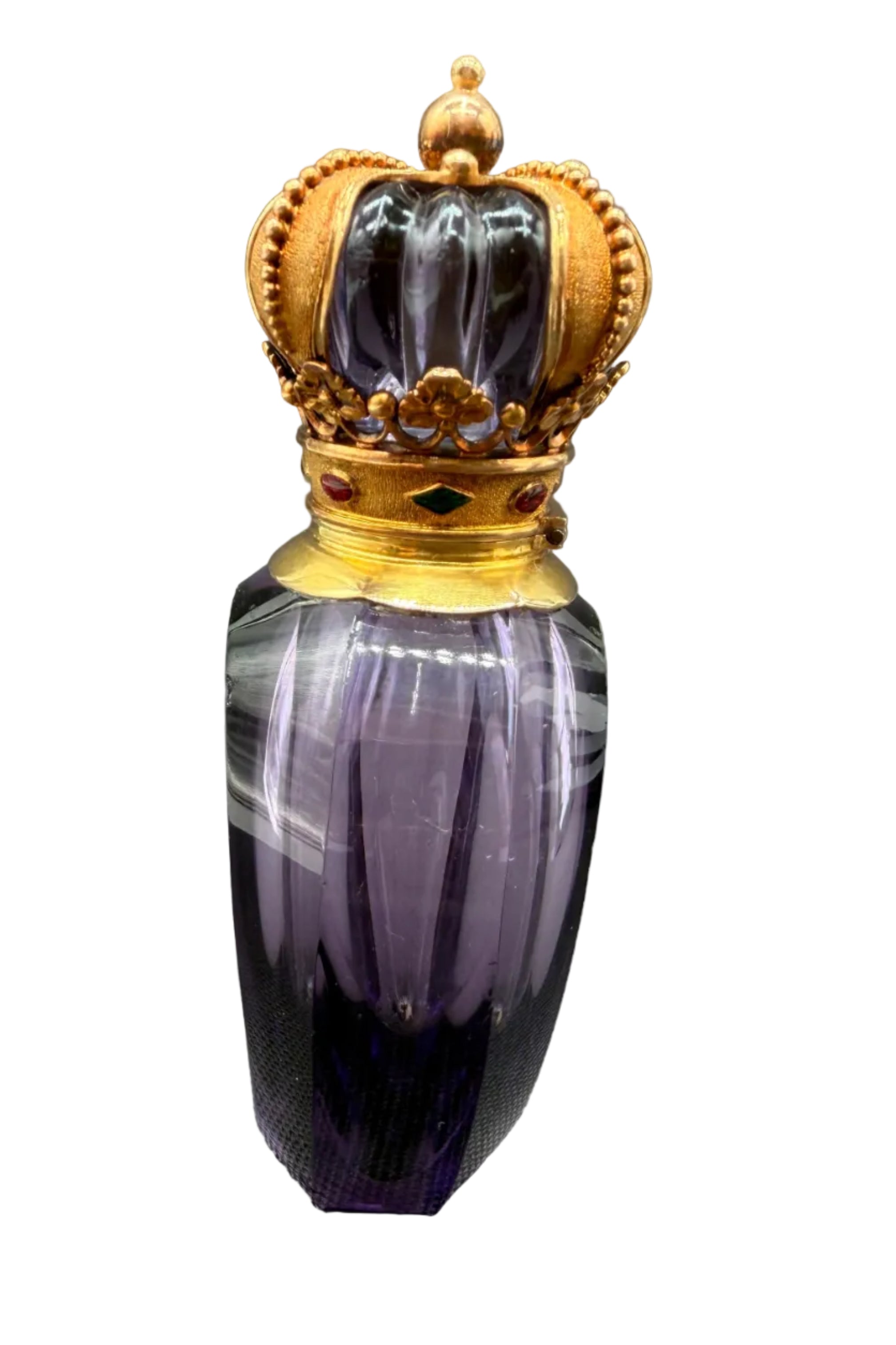 Rare c.1890–1925 Continental 14K Gold-Mounted Faceted Amethyst Glass & Cut Crystal Scent Bottle with Guilloché detail Crown Stopper