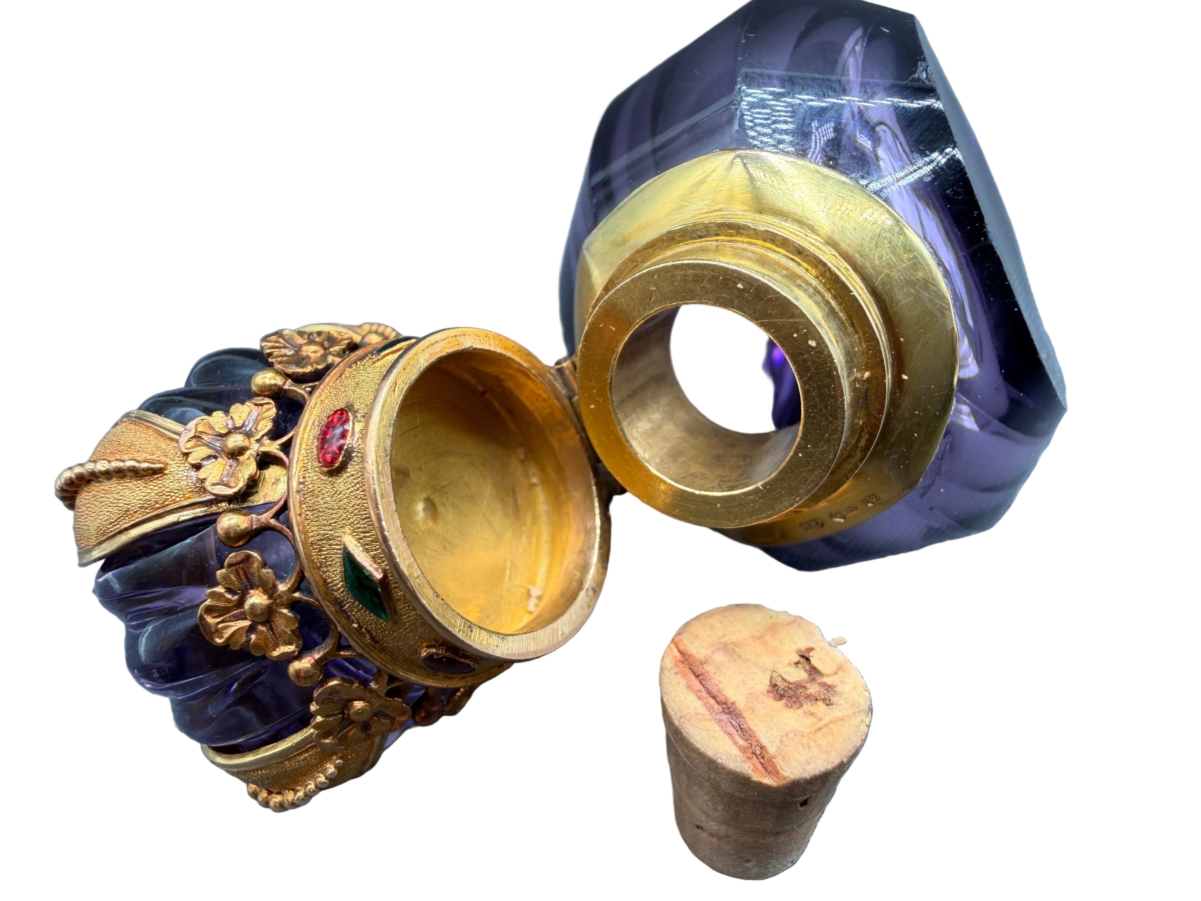 Rare c.1890–1925 Continental 14K Gold-Mounted Faceted Amethyst Glass & Cut Crystal Scent Bottle with Guilloché detail Crown Stopper