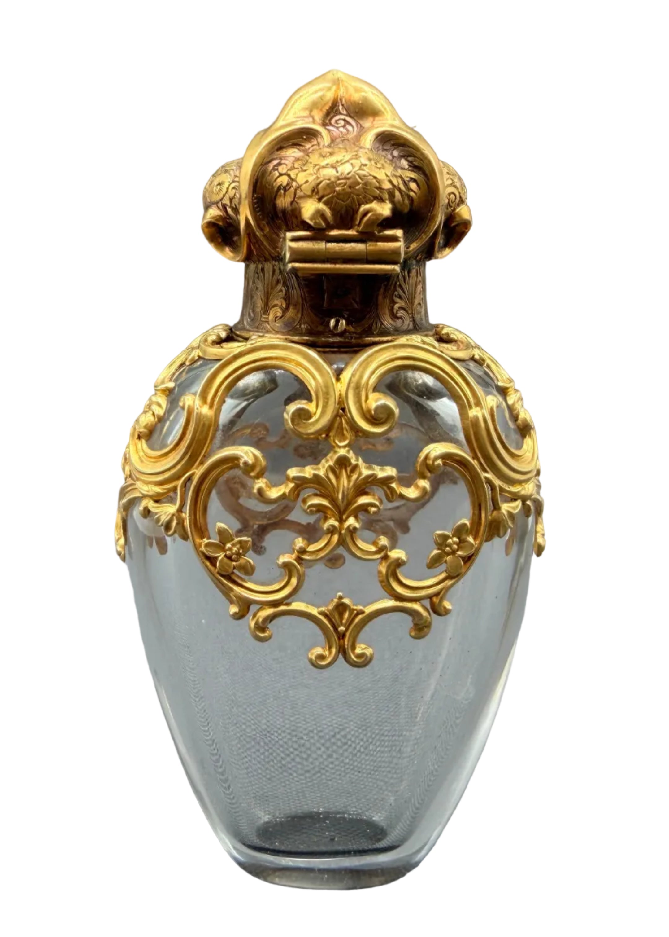 19th Century French Objet de Vertu Rococo Scent Bottle with 18K Gold Filigree Mount
