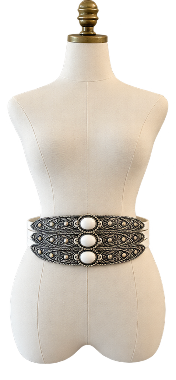 1980s José Cotel White Leather Belt with Sculptural Silver-Tone Triple-Band Front