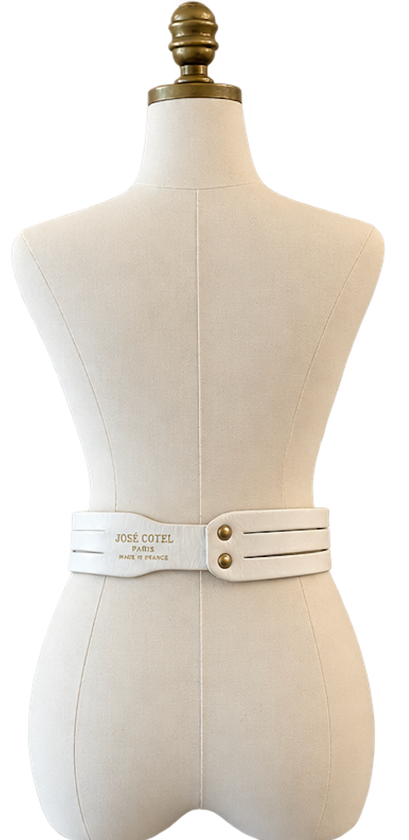 1980s José Cotel White Leather Belt with Sculptural Silver-Tone Triple-Band Front