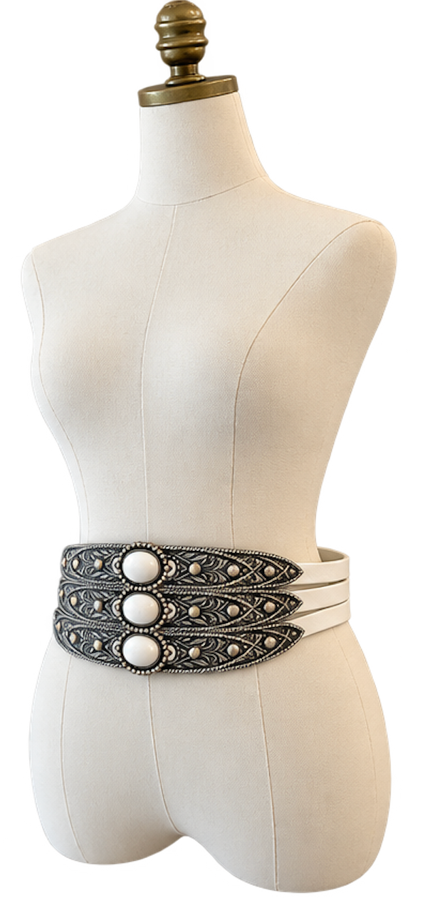 1980s José Cotel White Leather Belt with Sculptural Silver-Tone Triple-Band Front