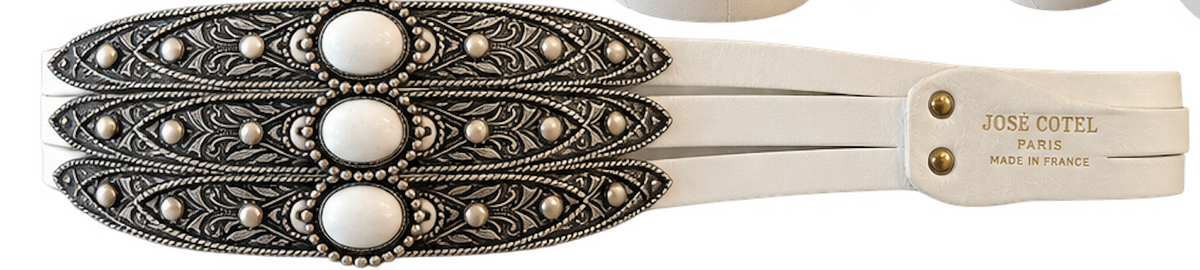 1980s José Cotel White Leather Belt with Sculptural Silver-Tone Triple-Band Front